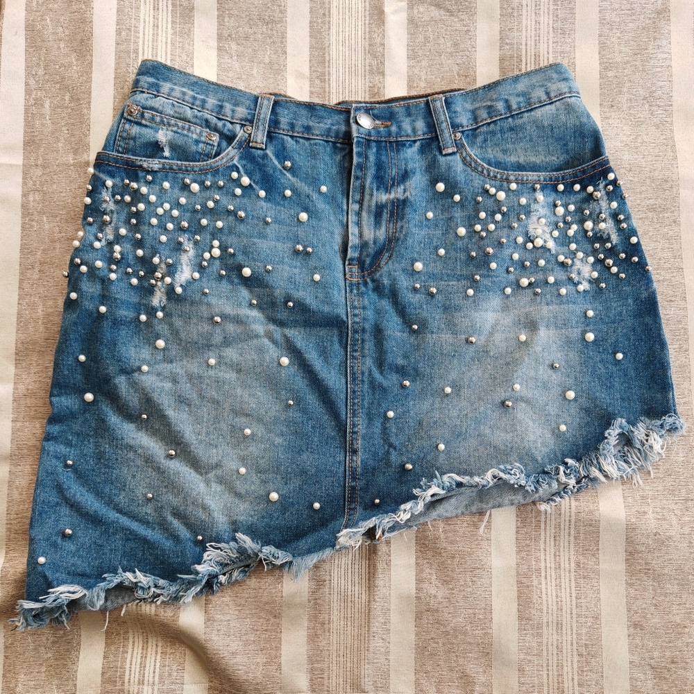 LG Denim Asymmetrical Mini Skirt With Beads